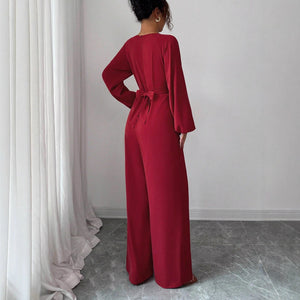 Women's Solid - Colored Jumpsuit With Puffed Sleeves, Square Neck And Wide Legs - Zambeel