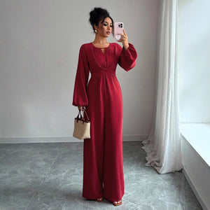 Women's Solid - Colored Jumpsuit With Puffed Sleeves, Square Neck And Wide Legs - Zambeel
