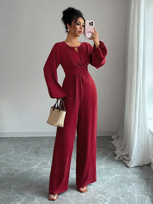 Women's Solid - Colored Jumpsuit With Puffed Sleeves, Square Neck And Wide Legs - Zambeel