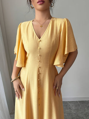 Women's Solid - Colored Split Simple Dress With Petal Sleeves - Zambeel