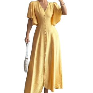 Women's Solid - Colored Split Simple Dress With Petal Sleeves - Zambeel