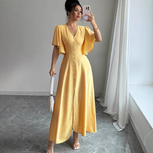 Women's Solid - Colored Split Simple Dress With Petal Sleeves - Zambeel