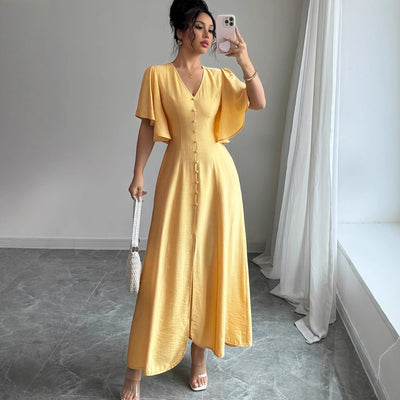 Women's Solid - Colored Split Simple Dress With Petal Sleeves - Zambeel
