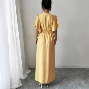Women's Solid - Colored Split Simple Dress With Petal Sleeves - Zambeel