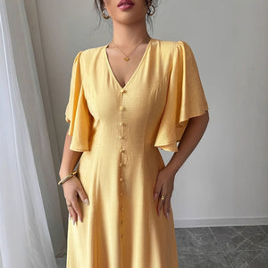 Women's Solid - Colored Split Simple Dress With Petal Sleeves - Zambeel