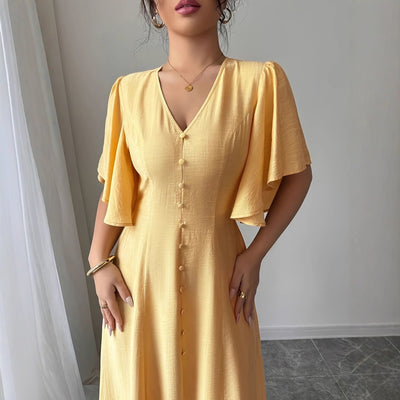 Women's Solid - Colored Split Simple Dress With Petal Sleeves - Zambeel