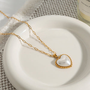 Womens Stainless Steel Threaded Heart Pearl Pendant Necklace - Zambeel