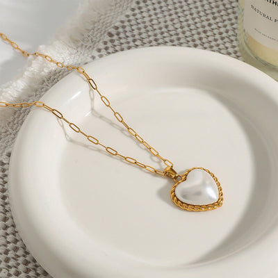 Womens Stainless Steel Threaded Heart Pearl Pendant Necklace - Zambeel