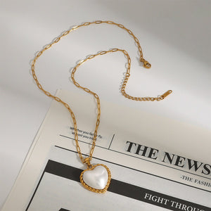 Womens Stainless Steel Threaded Heart Pearl Pendant Necklace - Zambeel