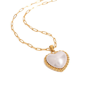 Womens Stainless Steel Threaded Heart Pearl Pendant Necklace - Zambeel