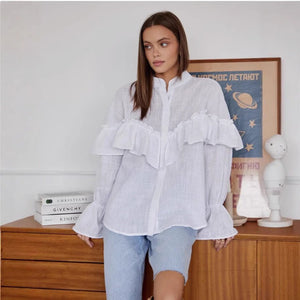 Womens Street - Style Fashion Layered Ruffle - Trimmed Shirt - Zambeel