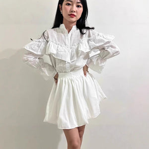 Womens Street - Style Fashion Layered Ruffle - Trimmed Shirt - Zambeel