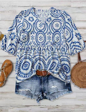 Women's Vintage - print Loose - fit V - neck Short - sleeve Blouse - Zambeel