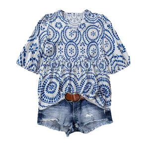 Women's Vintage - print Loose - fit V - neck Short - sleeve Blouse - Zambeel
