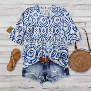 Women's Vintage - print Loose - fit V - neck Short - sleeve Blouse - Zambeel
