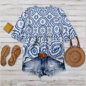 Women's Vintage - print Loose - fit V - neck Short - sleeve Blouse - Zambeel