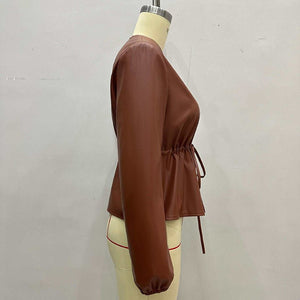 Women's Zip Front Faux Leather Jacket, Long Sleeve Drawstring Waist Jacket - Zambeel