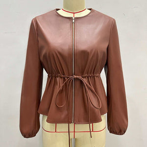 Women's Zip Front Faux Leather Jacket, Long Sleeve Drawstring Waist Jacket - Zambeel