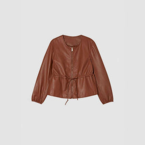 Women's Zip Front Faux Leather Jacket, Long Sleeve Drawstring Waist Jacket - Zambeel