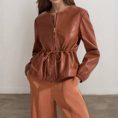 Women's Zip Front Faux Leather Jacket, Long Sleeve Drawstring Waist Jacket - Zambeel