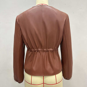 Women's Zip Front Faux Leather Jacket, Long Sleeve Drawstring Waist Jacket - Zambeel