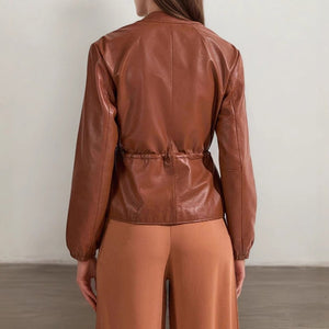 Women's Zip Front Faux Leather Jacket, Long Sleeve Drawstring Waist Jacket - Zambeel